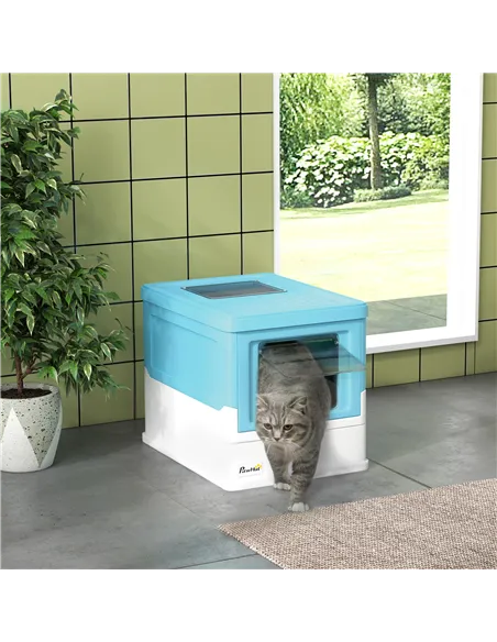 PawHut Hooded Cat Litter Box, Portable Pet Toilet, with Scoop, Front Entry - Light Blue
