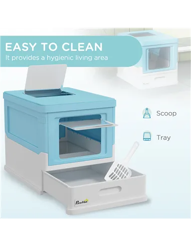 PawHut Hooded Cat Litter Box, Portable Pet Toilet, with Scoop, Front Entry - Light Blue