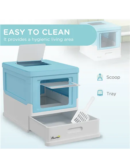 PawHut Hooded Cat Litter Box, Portable Pet Toilet, with Scoop, Front Entry - Light Blue