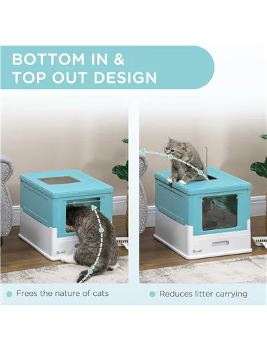 PawHut Hooded Cat Litter Box, Portable Pet Toilet, with Scoop, Front Entry - Light Blue