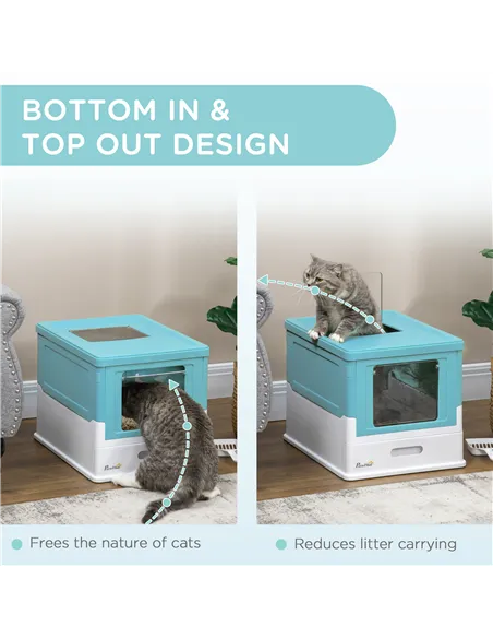 PawHut Hooded Cat Litter Box, Portable Pet Toilet, with Scoop, Front Entry - Light Blue