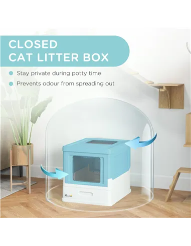 PawHut Hooded Cat Litter Box, Portable Pet Toilet, with Scoop, Front Entry - Light Blue