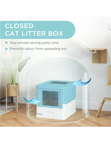 PawHut Hooded Cat Litter Box, Portable Pet Toilet, with Scoop, Front Entry - Light Blue
