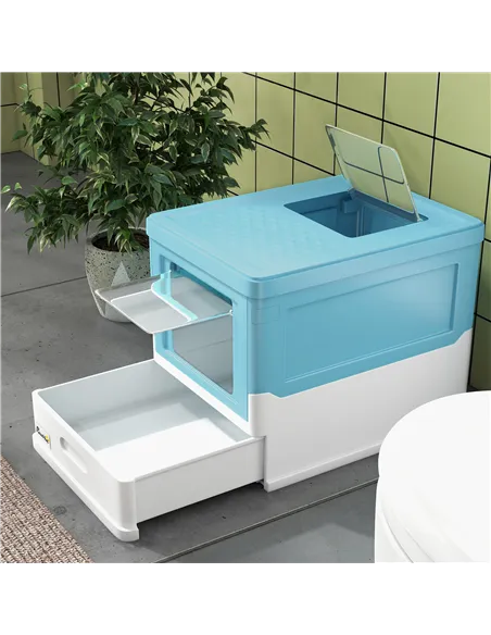 PawHut Hooded Cat Litter Box, Portable Pet Toilet, with Scoop, Front Entry - Light Blue