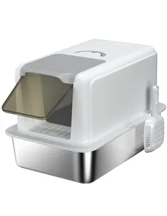 PawHut Stainless Steel Cat Litter Box with Removable Lid, Scoop, Filter Bags, for Larger Cats, White