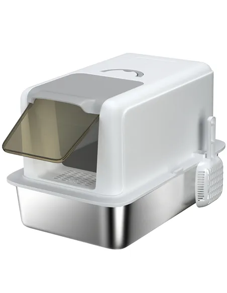 PawHut Stainless Steel Cat Litter Box with Removable Lid, Scoop, Filter Bags, for Larger Cats, White
