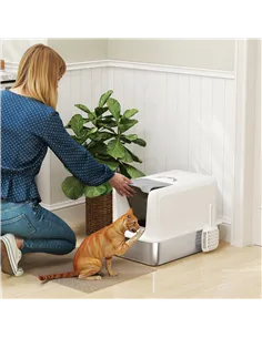 PawHut Stainless Steel Cat Litter Box with Removable Lid, Scoop, Filter Bags, for Larger Cats, White 2