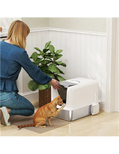 PawHut Stainless Steel Cat Litter Box with Removable Lid, Scoop, Filter Bags, for Larger Cats, White