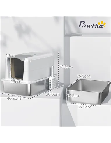 PawHut Stainless Steel Cat Litter Box with Removable Lid, Scoop, Filter Bags, for Larger Cats, White
