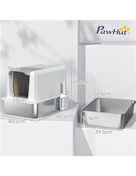 PawHut Stainless Steel Cat Litter Box with Removable Lid, Scoop, Filter Bags, for Larger Cats, White