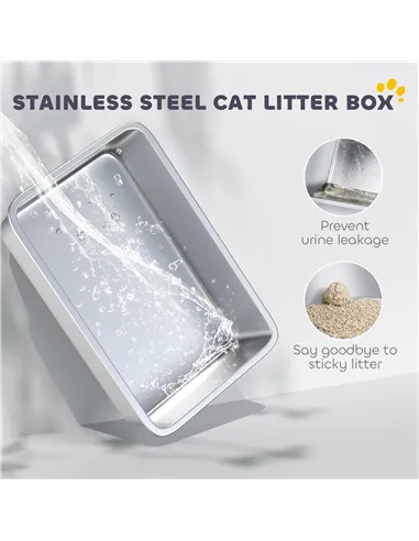 PawHut Stainless Steel Cat Litter Box with Removable Lid, Scoop, Filter Bags, for Larger Cats, White