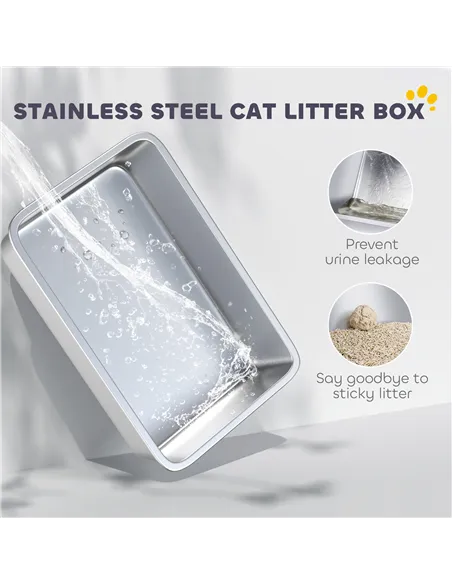 PawHut Stainless Steel Cat Litter Box with Removable Lid, Scoop, Filter Bags, for Larger Cats, White