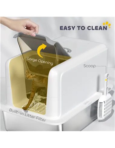 PawHut Stainless Steel Cat Litter Box with Removable Lid, Scoop, Filter Bags, for Larger Cats, White