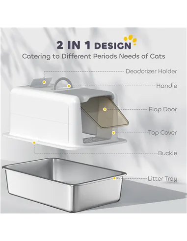 PawHut Stainless Steel Cat Litter Box with Removable Lid, Scoop, Filter Bags, for Larger Cats, White