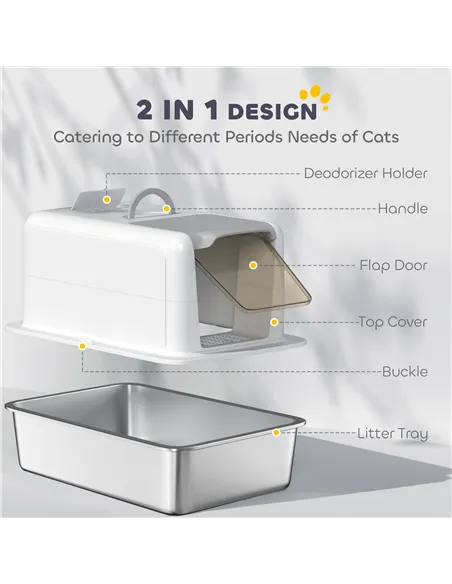 PawHut Stainless Steel Cat Litter Box with Removable Lid, Scoop, Filter Bags, for Larger Cats, White