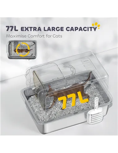 PawHut Stainless Steel Cat Litter Box with Removable Lid, Scoop, Filter Bags, for Larger Cats, White