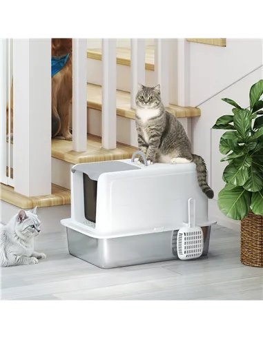 PawHut Stainless Steel Cat Litter Box with Removable Lid, Scoop, Filter Bags, for Larger Cats, White