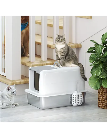 PawHut Stainless Steel Cat Litter Box with Removable Lid, Scoop, Filter Bags, for Larger Cats, White