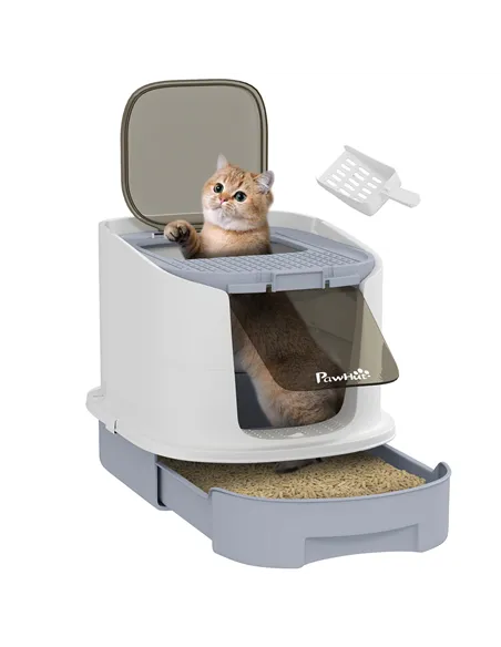 PawHut Cat Litter Box with Lid, Scoop, Deodorisation Bags, Top Entry