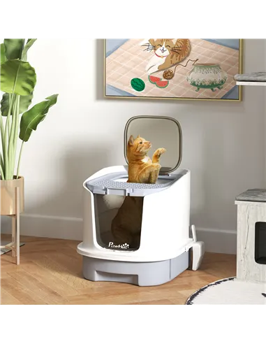 PawHut Cat Litter Box with Lid, Scoop, Deodorisation Bags, Top Entry