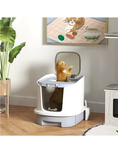 PawHut Cat Litter Box with Lid, Scoop, Deodorisation Bags, Top Entry