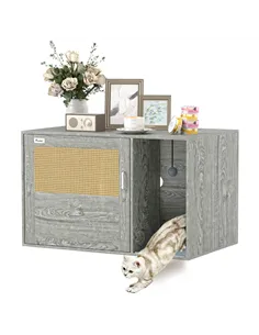 PawHut Cat Litter Box Enclosure with Rattan Door, Scratching Mat, Toy Ball, Non-Slip Foot Pads, Grey