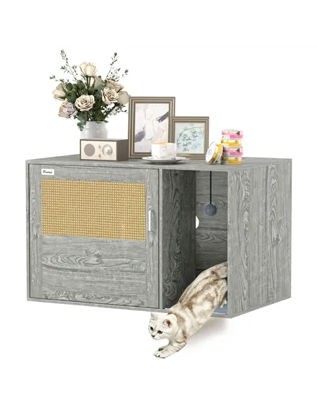 PawHut Cat Litter Box Enclosure with Rattan Door, Scratching Mat, Toy Ball, Non-Slip Foot Pads, Grey
