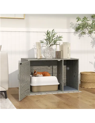 PawHut Cat Litter Box Enclosure with Rattan Door, Scratching Mat, Toy Ball, Non-Slip Foot Pads, Grey