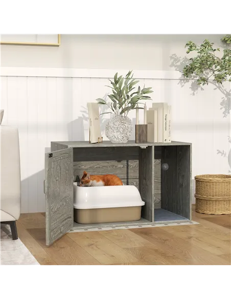 PawHut Cat Litter Box Enclosure with Rattan Door, Scratching Mat, Toy Ball, Non-Slip Foot Pads, Grey
