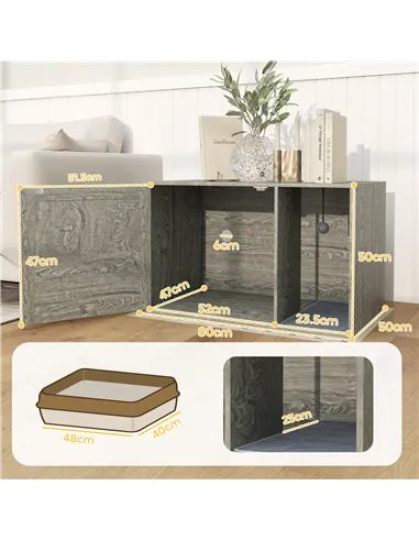 PawHut Cat Litter Box Enclosure with Rattan Door, Scratching Mat, Toy Ball, Non-Slip Foot Pads, Grey