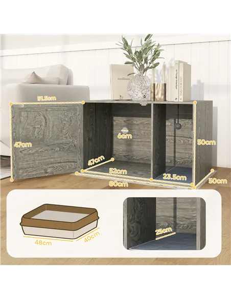 PawHut Cat Litter Box Enclosure with Rattan Door, Scratching Mat, Toy Ball, Non-Slip Foot Pads, Grey