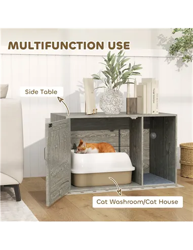 PawHut Cat Litter Box Enclosure with Rattan Door, Scratching Mat, Toy Ball, Non-Slip Foot Pads, Grey
