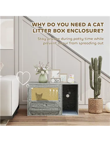 PawHut Cat Litter Box Enclosure with Rattan Door, Scratching Mat, Toy Ball, Non-Slip Foot Pads, Grey