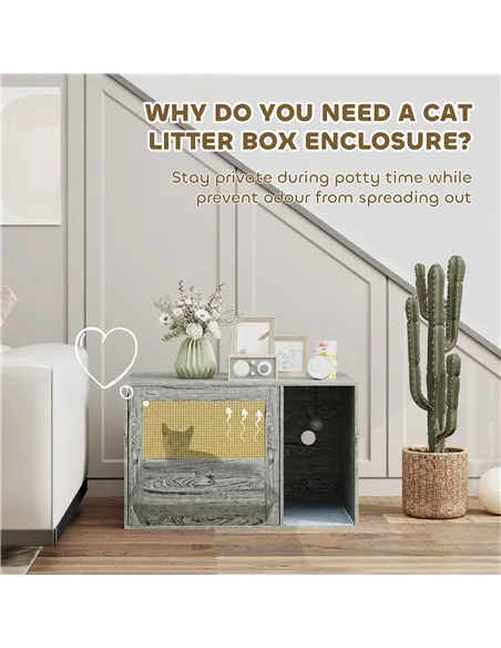 PawHut Cat Litter Box Enclosure with Rattan Door, Scratching Mat, Toy Ball, Non-Slip Foot Pads, Grey