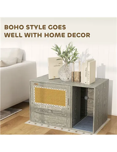 PawHut Cat Litter Box Enclosure with Rattan Door, Scratching Mat, Toy Ball, Non-Slip Foot Pads, Grey