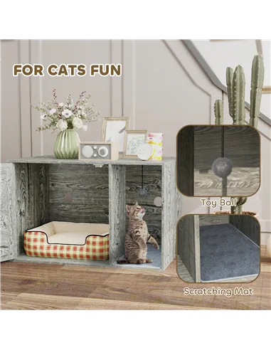 PawHut Cat Litter Box Enclosure with Rattan Door, Scratching Mat, Toy Ball, Non-Slip Foot Pads, Grey