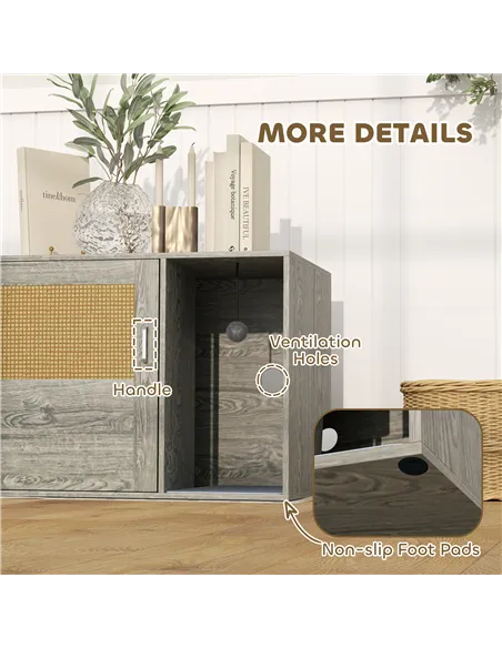 PawHut Cat Litter Box Enclosure with Rattan Door, Scratching Mat, Toy Ball, Non-Slip Foot Pads, Grey