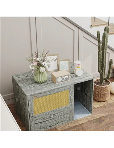 PawHut Cat Litter Box Enclosure with Rattan Door, Scratching Mat, Toy Ball, Non-Slip Foot Pads, Grey