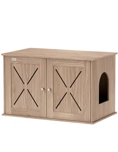 PawHut Cat Litter Box Enclosure with Double Doors and Side Entrance, Non-Slip Pads for Living Room, Walnut Brown