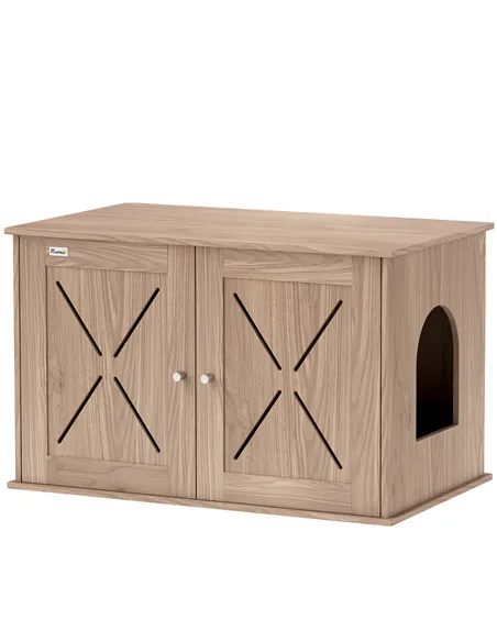 PawHut Cat Litter Box Enclosure with Double Doors and Side Entrance, Non-Slip Pads for Living Room, Walnut Brown