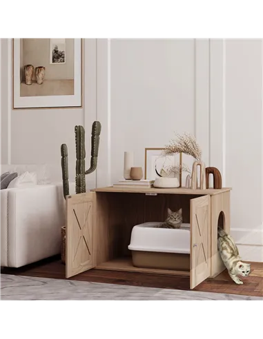 PawHut Cat Litter Box Enclosure with Double Doors and Side Entrance, Non-Slip Pads for Living Room, Walnut Brown