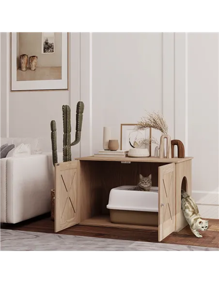 PawHut Cat Litter Box Enclosure with Double Doors and Side Entrance, Non-Slip Pads for Living Room, Walnut Brown