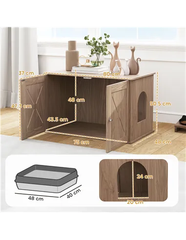 PawHut Cat Litter Box Enclosure with Double Doors and Side Entrance, Non-Slip Pads for Living Room, Walnut Brown