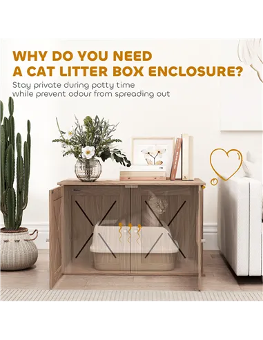 PawHut Cat Litter Box Enclosure with Double Doors and Side Entrance, Non-Slip Pads for Living Room, Walnut Brown