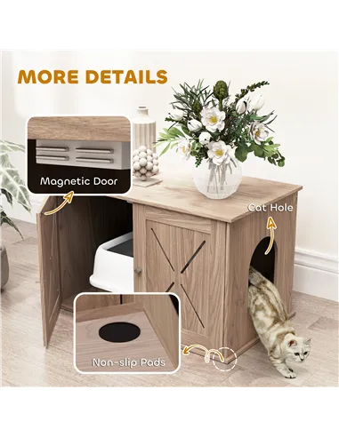 PawHut Cat Litter Box Enclosure with Double Doors and Side Entrance, Non-Slip Pads for Living Room, Walnut Brown