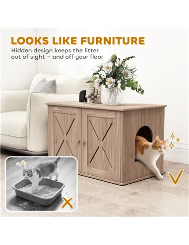 PawHut Cat Litter Box Enclosure with Double Doors and Side Entrance, Non-Slip Pads for Living Room, Walnut Brown
