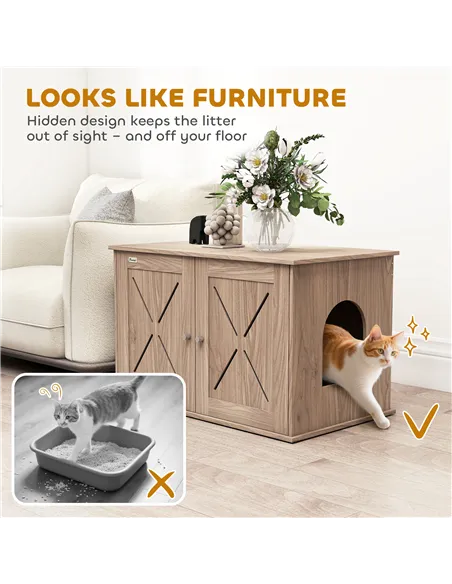 PawHut Cat Litter Box Enclosure with Double Doors and Side Entrance, Non-Slip Pads for Living Room, Walnut Brown
