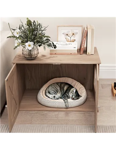 PawHut Cat Litter Box Enclosure with Double Doors and Side Entrance, Non-Slip Pads for Living Room, Walnut Brown