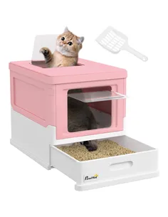 PawHut Hooded Cat Litter Box, Portable Pet Toilet, with Scoop, Front Entry - Pink