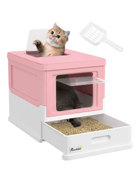 PawHut Hooded Cat Litter Box, Portable Pet Toilet, with Scoop, Front Entry - Pink